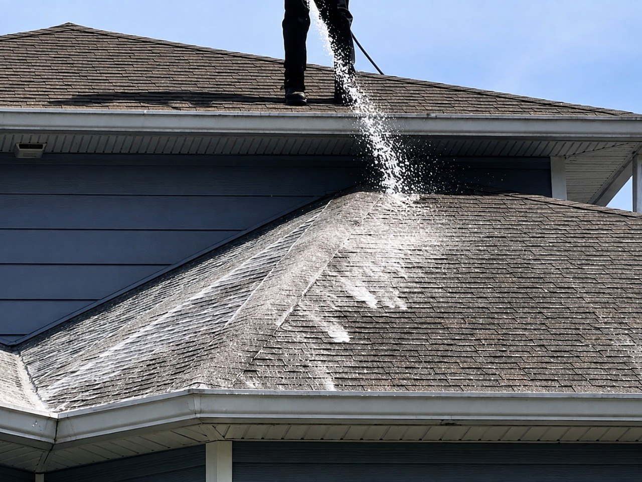 Roof-cleaning solution being applied to asphalt shingles.